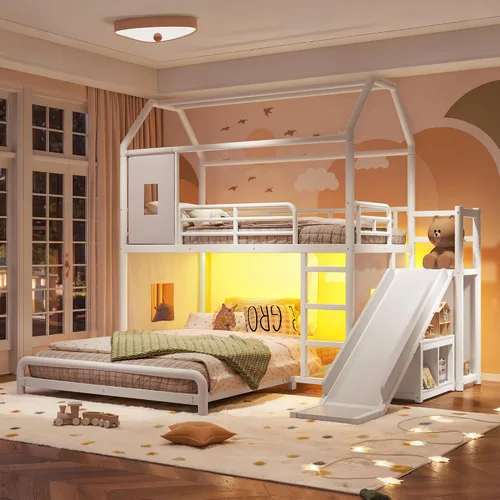 Vista 4 de RUNNA Playhouse Twin Over Full Bunk Bed with Slide and LED，Antique White-M
