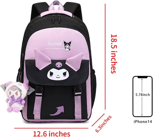 Vista 2 de Linda mochila de 2 piezas para mujer, mochila casual para viajes, mochila casual de gran capacidad de 18 pulgadas con colgante de felpa, Púrpura