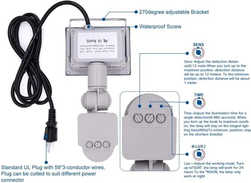 Vista 4 de Luces de inundación con sensor de movimiento al aire libre, lámpara LED de inducción de 10 W, foco impermeable IP65, 6500 K luz de sensor LED, luz
