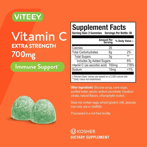 Vista 3 de Viteey - Gomitas masticables de vitamina C para adultos, 700 mg de fuerza extra Suplemento de apoyo inmunológico - Vegano, sin gluten - 60