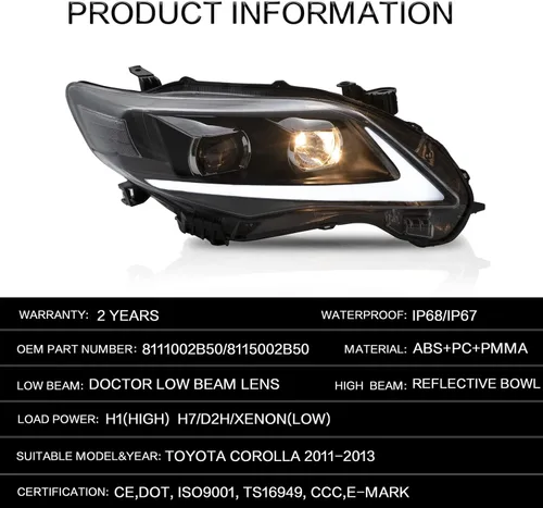 Vista 8 de VLAND Compatible con el conjunto de faros delanteros Toyota Corolla 2011 2012 2013 (no para modelos COROLLA LE)