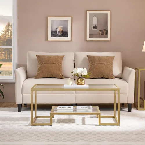 Vista 4 de Yaheetech Mesa de Café Dorada, Mesa de Centro de Vidrio Rectangular de 42" para Sala de Estar, Mesas de Té de 2 Niveles con Marco de Metal
