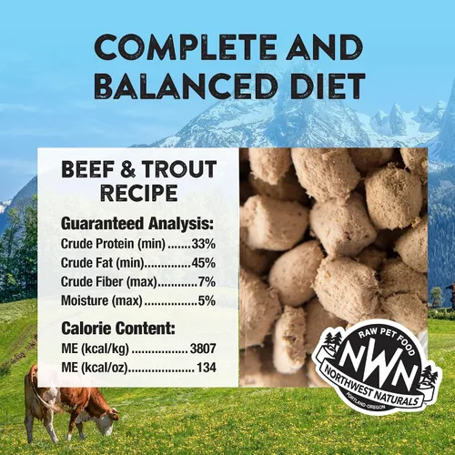 Vista 3 de Northwest Naturals Alimento liofilizado de carne de res y trucha para gatos y gatitos, bocados del tamaño de un bocado, saludable, limitado