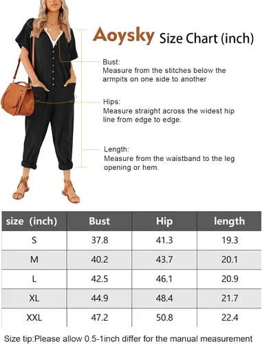 Vista 5 de Aoysky Oversize - Overol de una pieza con botones para mujer, casual, holgado, manga corta, cuello en V, pantalones largos
