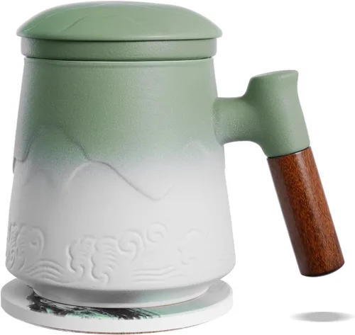 Vista 13 de ZENS Taza de té con infusor y tapa para colador de té de hojas sueltas, taza de té de cerámica de 15.2 oz con coladores de té finos y posavasos