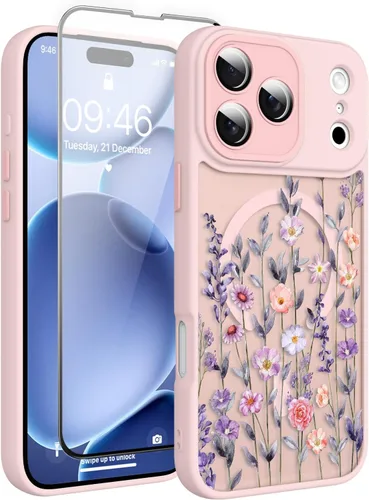 Vista 109 de Magnético para iPhone 13 con protector de pantalla [Compatible con MagSafe] Diseño de patrón floral de flores bonitas, funda delgada a prueba