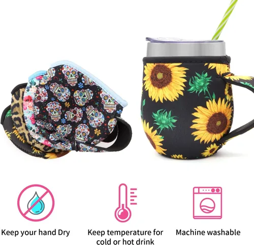 Vista 4 de Paquete de 4 fundas aisladas de neopreno reutilizables con asa para copa de vino sin tallo de 12 onzas, tarros Mason de boca regular de 16 onzas