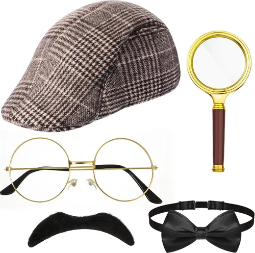Vista 8 de Kasyat 6 piezas de accesorios de disfraz de detective para adulto, sombrero de detective para hombre, disfraz de inspector para disfraz de Halloween