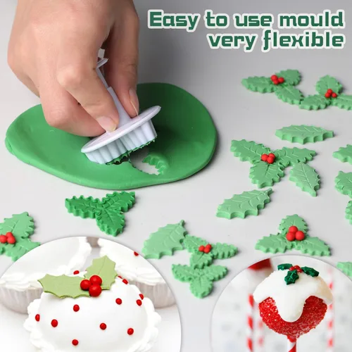Vista 6 de KALAIEN 3 unids Holly Leaf Plunger Cutter Fondant Hornear Herramientas Cake Cookie Sugarcraft Decoración Molde