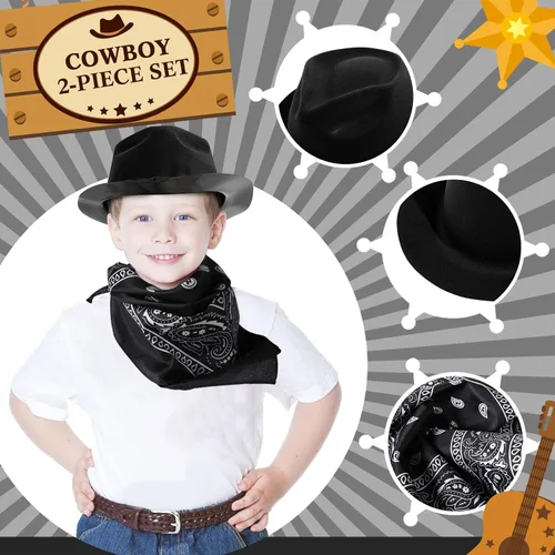 Vista 3 de Hillban Paquete de 48 Sombreros de Vaquero y Conjunto de Bandanas, Sombreros de Vaquera para Niños y Niñas, Sombreros de Fiesta de Vaquero