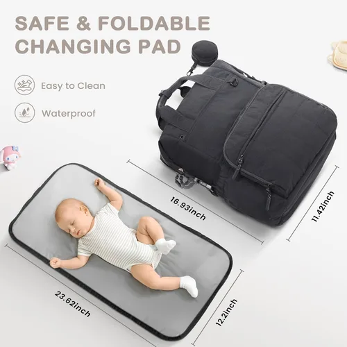 Vista 8 de VONAL Mochila de pañales, bolsas de pañales para bebés ligeras, bolsa de pañales grande para viajes con cambiador, mochila de pañales negra