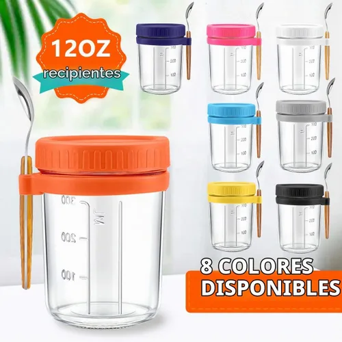 Vista 3 de Contenedor de avena durante la noche, conservas de vidrio de avena con tapas y cuchara, cereales de 10 onzas, leche, ensalada de frutas, con marcas