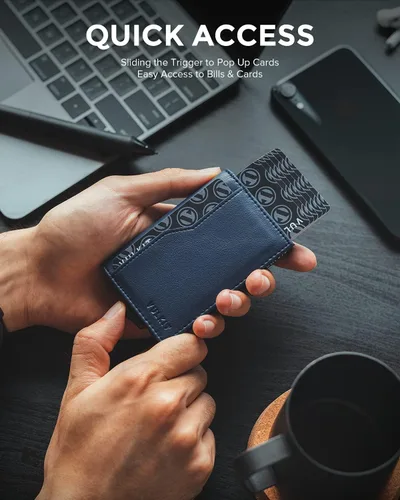 Vista 2 de VULKIT Tarjetero con ventana de identificación, tarjetas emergentes, delgada, de cuero, con protección RFID, hasta 12 tarjetas, funda para tarjetas