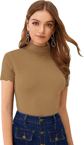 Vista 21 de SweatyRocks - Camiseta de manga corta con cuello alto, canalé y bordes envoltorio para mujer Beige