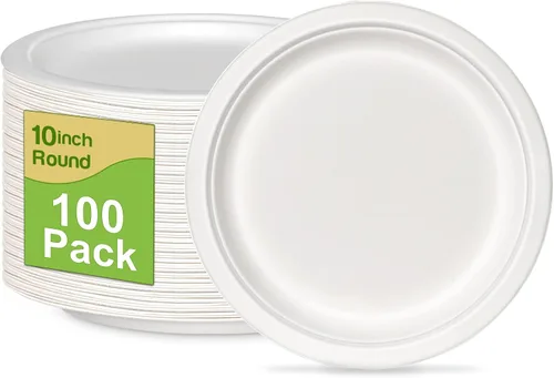 Vista 8 de Platos de papel de 10 pulgadas, paquete de 50 platos desechables compostables, respetuosos con el medio ambiente, reciclados, resistentes, marrones