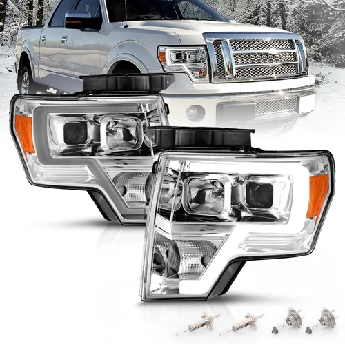 Vista 10 de AmeriLite para camioneta Ford F150 2009-2014, juego de faros delanteros LED de barra cuadrada, proyector halógeno negro, haz alto/bajo incluido
