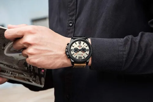 Vista 5 de Reloj de acero inoxidable con correa de cuero, estilo clásico, casual, resistente al agua, cronógrafo, fecha, y cuarzo analógico