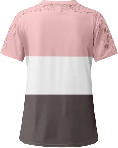 Vista 3 de Camisetas de primavera para mujer, de moda, con encaje, hueco, color sólido, cuello redondo, manga corta