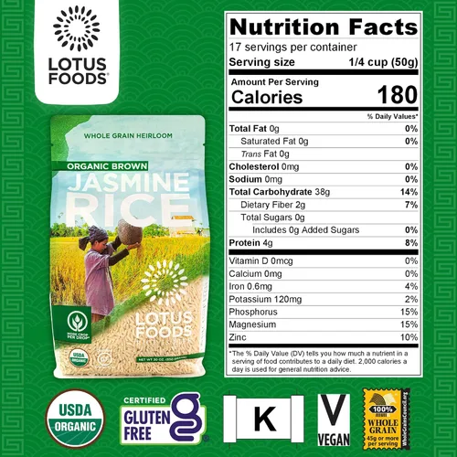Vista 2 de Lotus Foods Arroz orgánico de jazmín marrón, grano entero, 30 onzas (paquete de 2) Arroz integral sin gluten, adhesivo asiático de grano largo