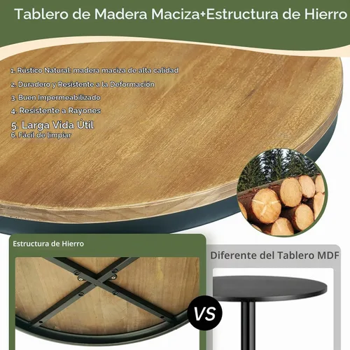 Vista 5 de Mesa de bar redonda de 42 pulgadas de altura con parte superior de madera maciza y base de metal resistente, mesa de pub industrial rústica