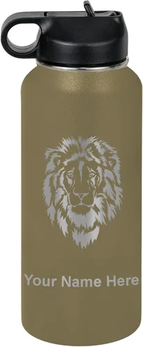 Vista 16 de LaserGram Botella de agua personalizada, cabeza de león, acero inoxidable de doble pared aislada al vacío con popote superior, regalo grabado