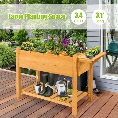 Vista 8 de GIANTEX Maceta elevada, caja de jardín elevada con 8 rejillas y mesa de trabajo lateral, contenedor de madera para plantas al aire libre patio