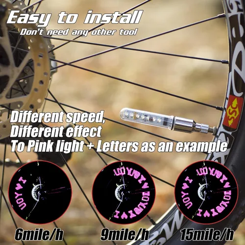 Vista 6 de DAWAY Luz de vástago de válvula de neumático de bicicleta A08 – Luces LED impermeables para rueda de bicicleta, lámpara intermitente de neón que