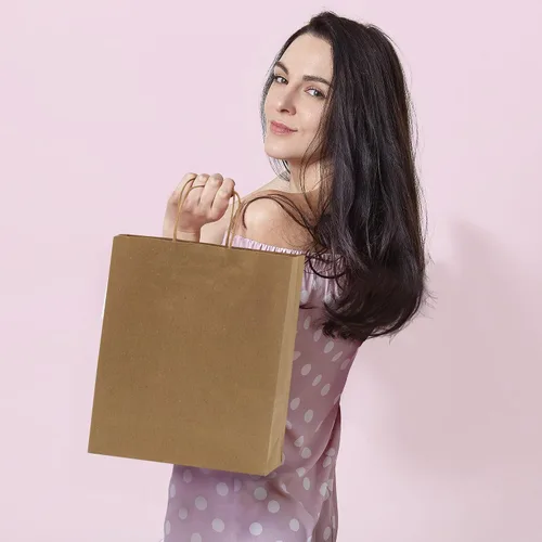Vista 3 de Prime Line Packaging Bolsas de papel marrones, bolsas de compras medianas con asas para pequeñas empresas, alimentos para llevar, comestibles, venta