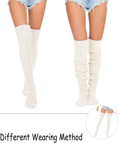 Vista 4 de HYTENSUN Calcetines altos de punto para mujer, calcetines altos gruesos por encima de la rodilla, calcetines de tubo de ganchillo, calentadores