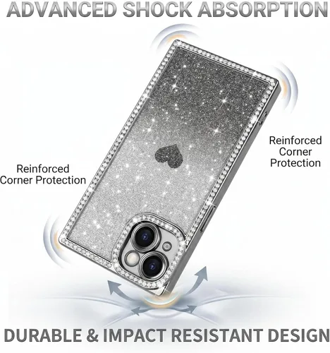 Vista 6 de Funda para iPhone 13, funda de diamantes de imitación de lujo con patrón de corazón de amor de cristal [papel con purpurina extraíble], parachoques