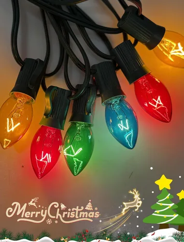 Vista 7 de Luces de Navidad multicolor de 25 pies para exteriores, cadena de luces vintage C7 con 27 bombillas incandescentes transparentes de colores, luces