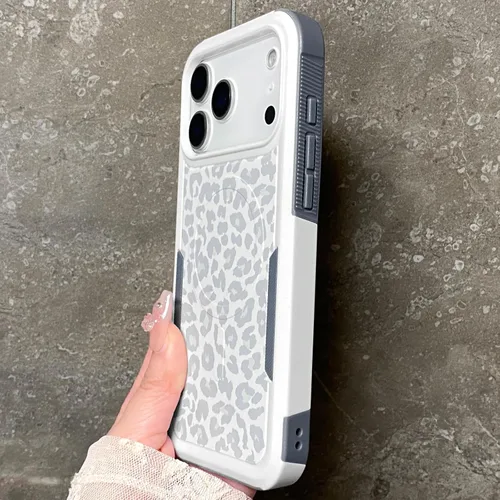 Vista 4 de Funda magnética para iPhone 17 Pro, compatible con Magsafe, lindo estampado de leopardo blanco guepardo, resistente, resistente, protección