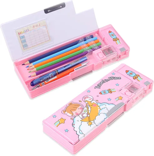 Vista 12 de Estuche de Lápices Multifuncional Emergente para Niñas y Niños, Lindo Organizador de Caja de Bolígrafos de Dibujos Animados con Sacapuntas, Horario