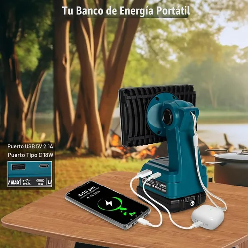 Vista 2 de Linterna de 18 W compatible con batería Makita de 18 V, reflector de 2000 lm de 18 V con puerto USB, puerto tipo C, cabezal giratorio de 110 grados