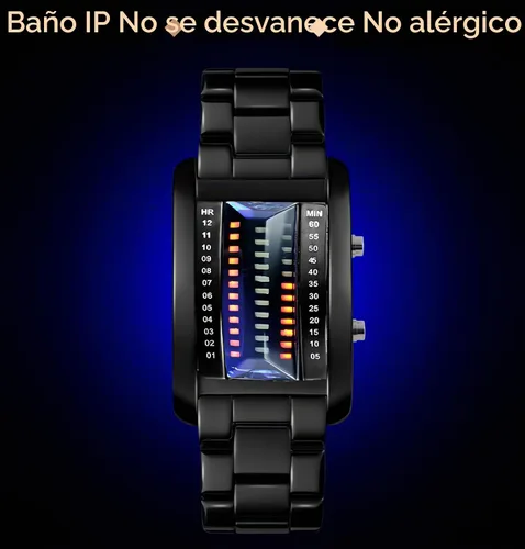 Vista 6 de MASTOP Reloj digital digital para hombre, diseño de matriz binaria creativa, resistente al agua, de acero inoxidable, de plata militar Negro