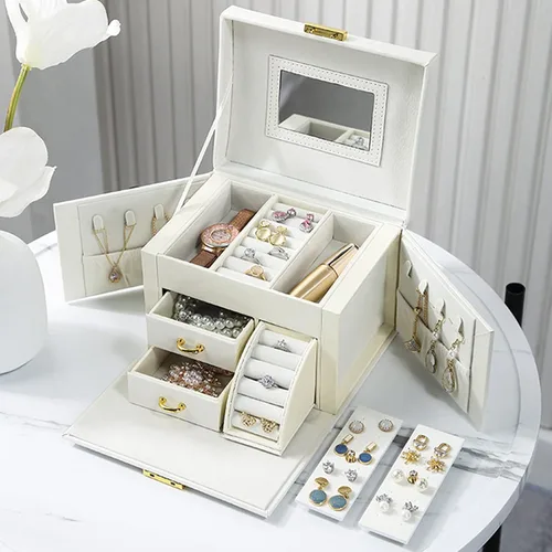 Vista 7 de DREAM&GLAMOUR - Cajas de joyería para mujer, 3 capas, organizador de joyería de piel sintética con espejo y cerradura. Caja de joyería portátil