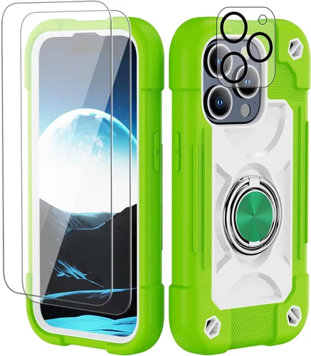 Vista 141 de Funda para iPhone 11 de 6.1 pulgadas con soporte de anillo, con 2 protectores de pantalla de vidrio, resistente a los golpes, resistente a