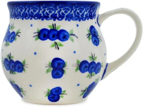 Vista 11 de Auténtica taza de burbujas de cerámica polaca de 13 onzas en diseño amarillo hecho a mano en Bolesławiec Polonia por Ceramika Bona + certificado