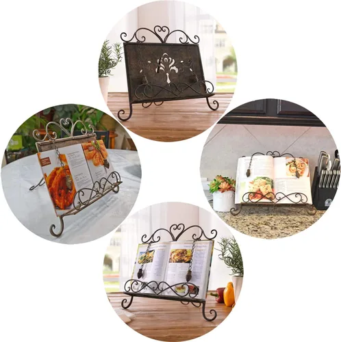 Vista 5 de Soporte de metal antiguo para libros de cocina, libro de recetas y soporte para iPad, caballete de libro de cocina con cadenas pesadas para regalo