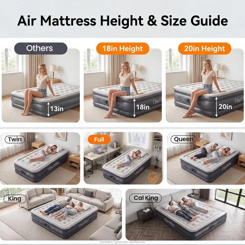 Vista 3 de OlarHike Full Air Mattress Built-in Pump，20" Air Bed for Home,600LBS Comfort Height 20" Gris