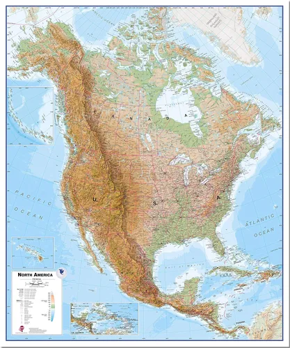 Vista 3 de Maps International - Gran mapa de pared físico de Norteamérica - Laminado con barras de madera colgantes - 47 x 39