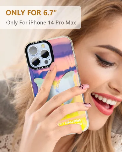 Vista 5 de SCORPIFY Funda para iPhone 14 Pro Max con diseño iridiscente de mariposa azul, bonita funda transparente para mujeres y niñas