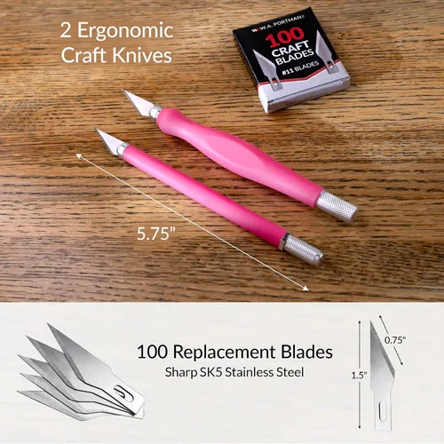 Vista 2 de WA Portman - Juego de 2 cuchillos rosados para manualidades, afilados y duraderos, con agarre cómodo y cuchillas de manualidades 100#11 para cortes