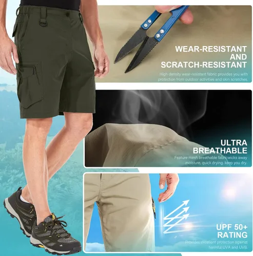 Vista 3 de Pantalones cortos de senderismo para hombre, de secado rápido, ligeros, transpirables, para exteriores, de carga.