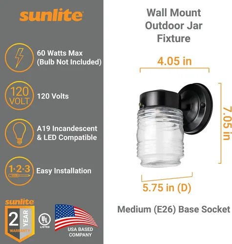 Vista 2 de Sunlite 47040 - Accesorio para tarro de pared para exteriores, 60 vatios máximo, enchufe de base media (E26), 120 voltios, para exteriores