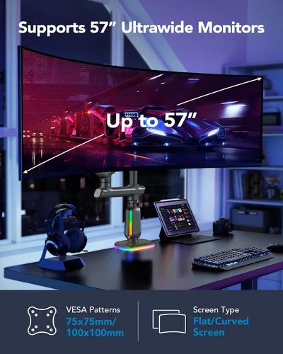 Vista 2 de HUANUO Brazo para monitor RGB de alta resistencia para pantallas ultraanchas de hasta 57", soporta 44 libras, soporte de monitor ultraancho alto