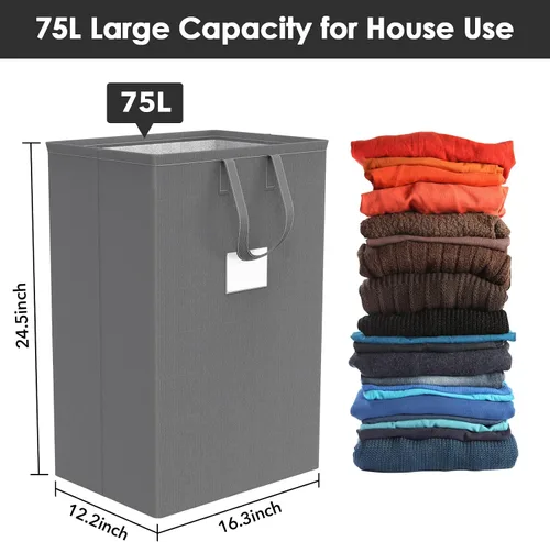 Vista 2 de Canasta de lavandería grande plegable de 75L con asas, cesta de ropa sucia impermeable para dormitorio, canasta de lavandería alta independiente
