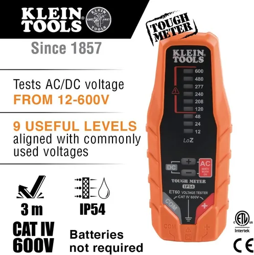 Vista 2 de Klein Tools ET60 - Voltímetro, Prueba CA / CC y Baja Tensión, Sin Necesidad