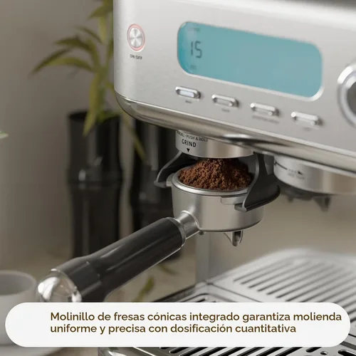 Vista 2 de Máquina de café expreso con molinillo y varita de vapor, acero Plateado