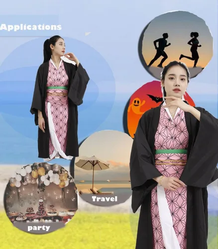 Vista 6 de Kamado Nezuko - Disfraz de cosplay de Nezuko, conjunto de kimono con peluca y traje de bambú para Halloween